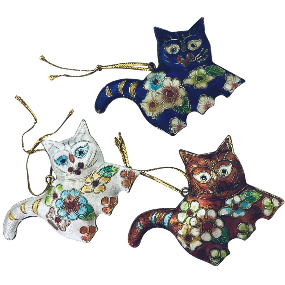 Vintage Chinese Cloisonné Cat Ornament Set of 3 Blue White Brown